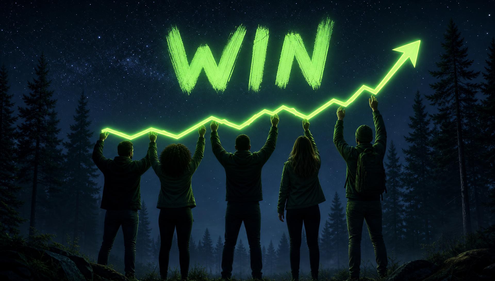 Five people seen from behind at night in a pine forest, arms raised, holding up a glowing neon-green rising chart line beneath the word WIN